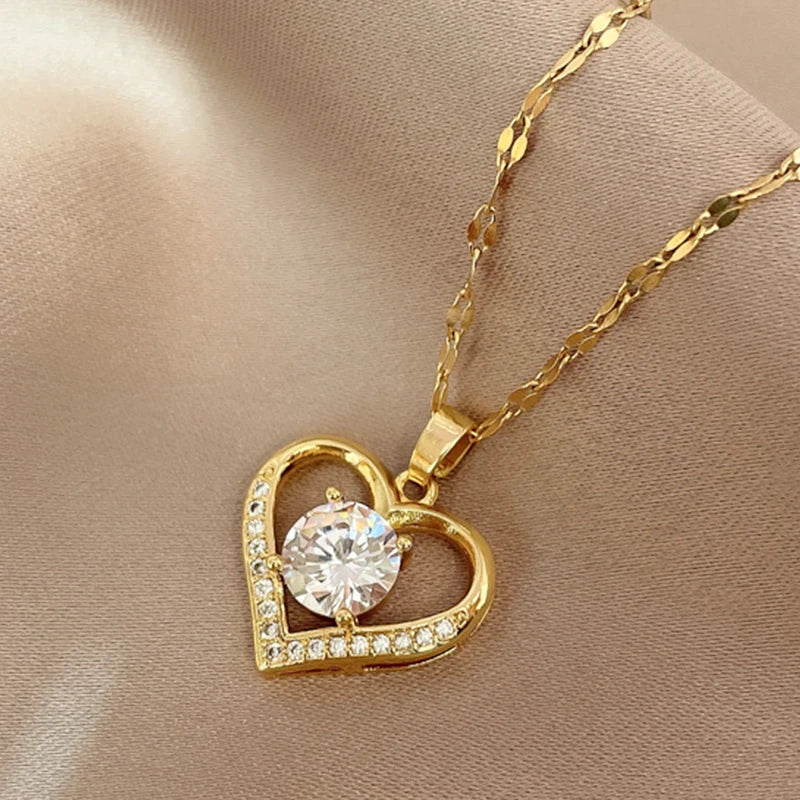 Gold Or Silver Stainless Steel Gem Heart Pendant Necklace