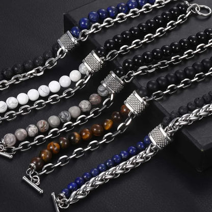 Multi Style Choice Tiger Eye Stone Stainless Steel Gunmetal Link Chain With Beaded Bracelet