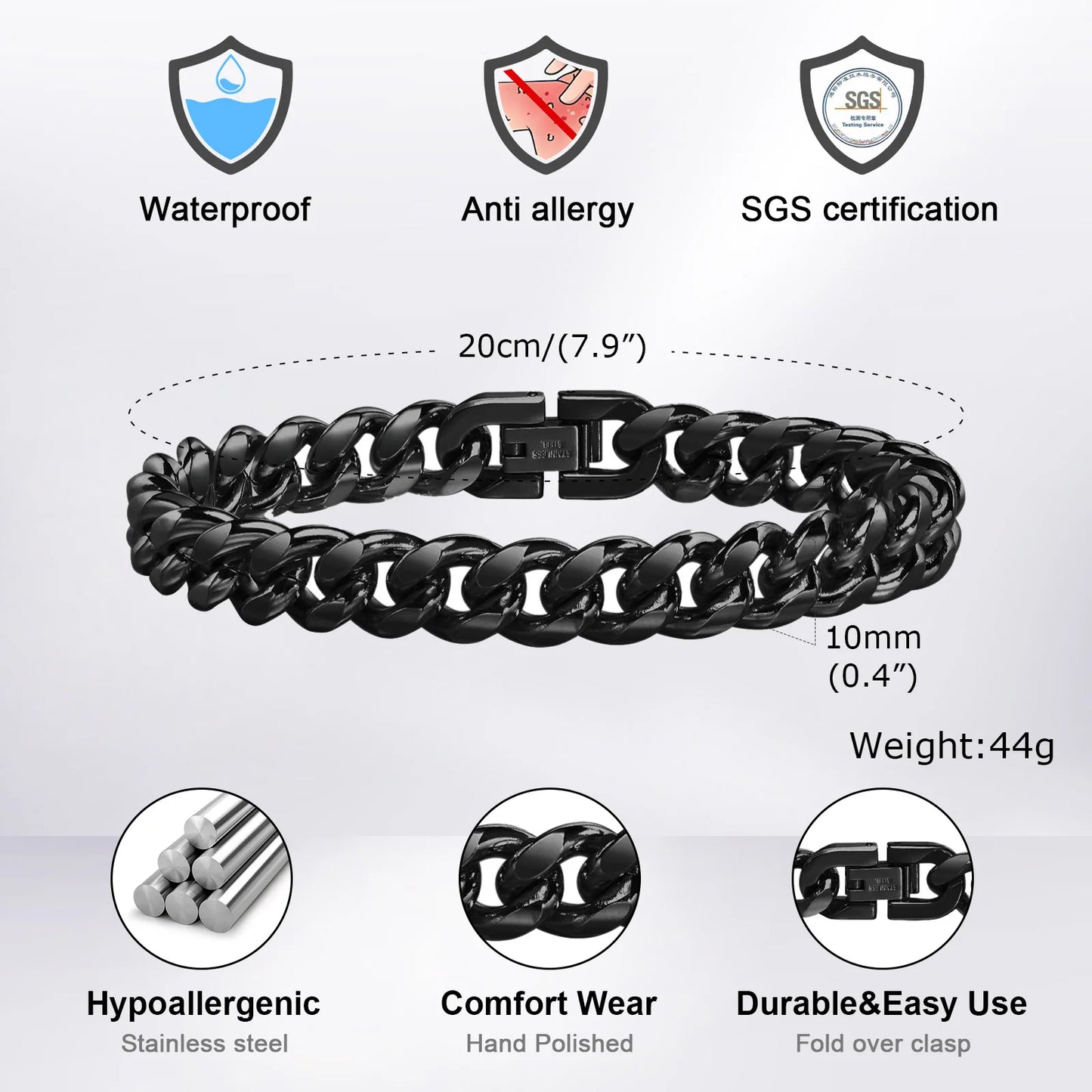 3 Color Choice 8-12mm Bold Curb Chain Stainless Steel Bracelets