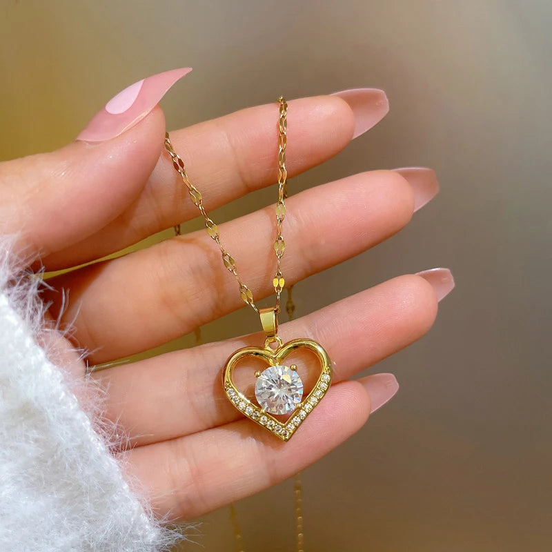 Gold Or Silver Stainless Steel Gem Heart Pendant Necklace