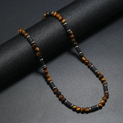 New Men's Tiger Stone Natural Stone Necklace Wave Sami Fashion Trend Design Niche Stitching Beaded Pearl Simple Charm Necklace