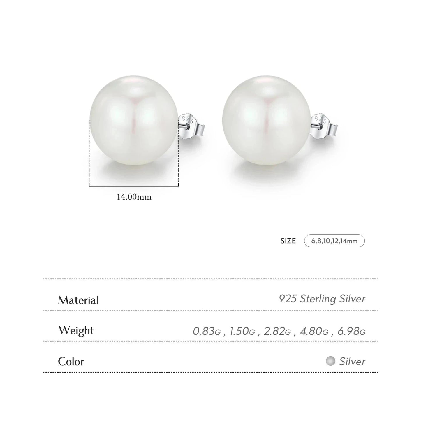 5 Sizes 925 Sterling Silver Pearl Stud Earrings