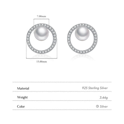 925 Sterling Silver Circle Crystal Pearl Stud Earrings