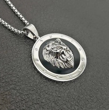 Fashion Domineering Lion Head Round Medal Pendant Necklace Inlaid Zircon Men's Hip Hop Trend Party Jewelry