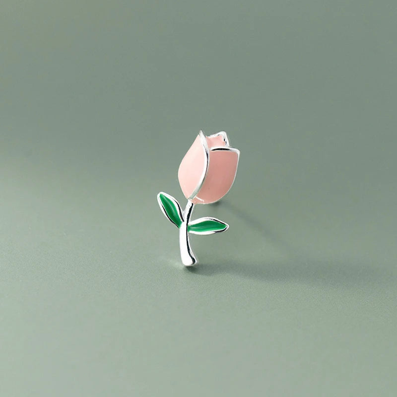 925 Sterling Silver Elegant Pink Enamel Flowers Stud Earrings