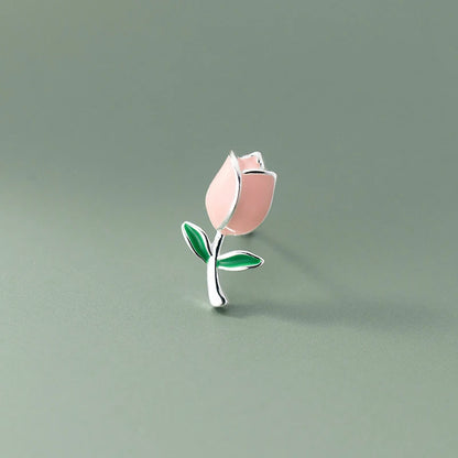 925 Sterling Silver Elegant Pink Enamel Flowers Stud Earrings