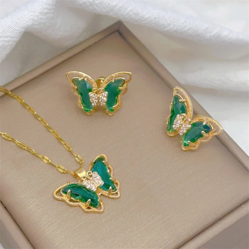 Stainless Butterfly Earrings & Pendant Necklace Set (6 Colors)