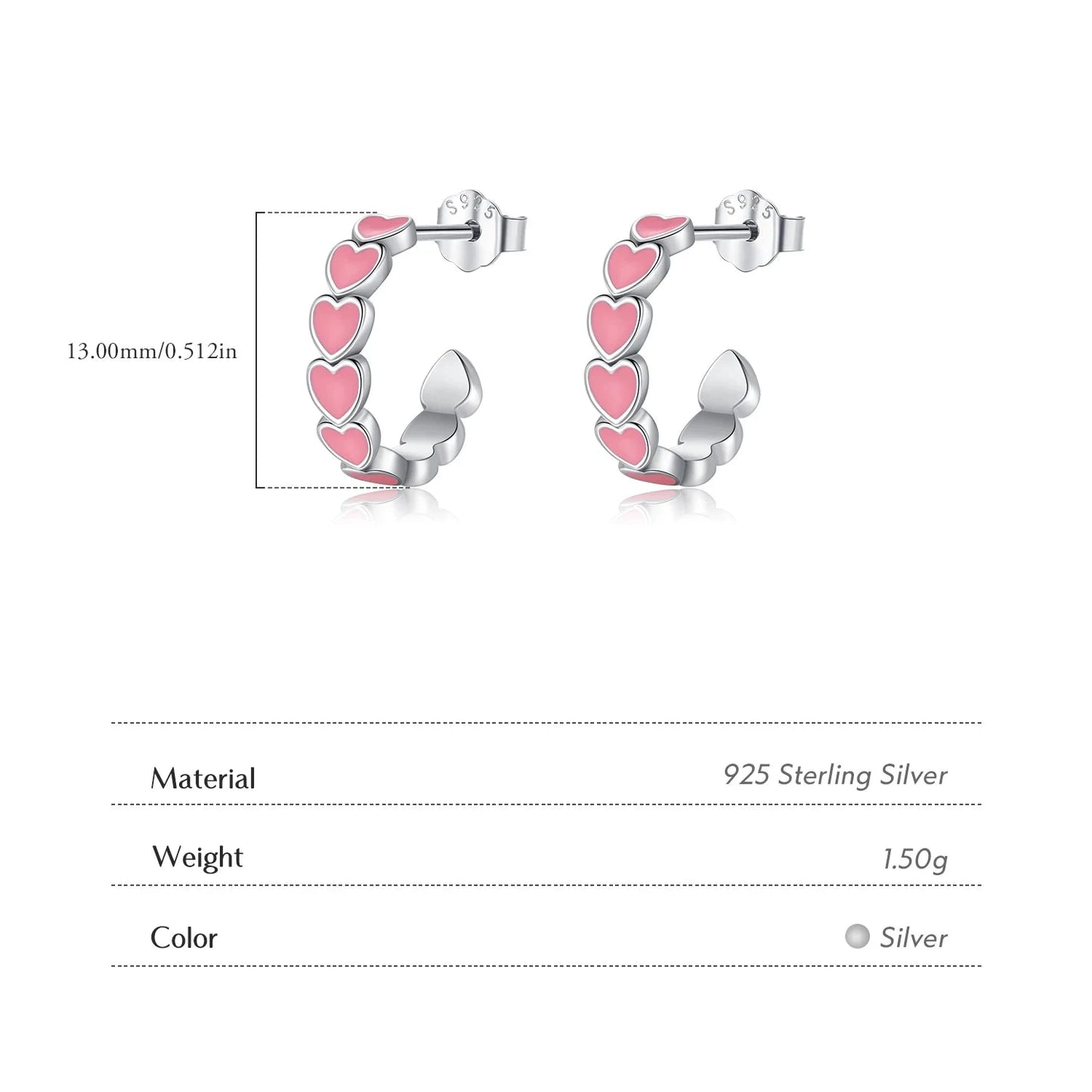 925 Sterling Silver Hearts C Shape Stud Earrings