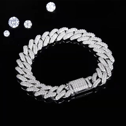 12mm Moissanite Cuban Link Chain Bracelet 925 Sterling Silver Silver