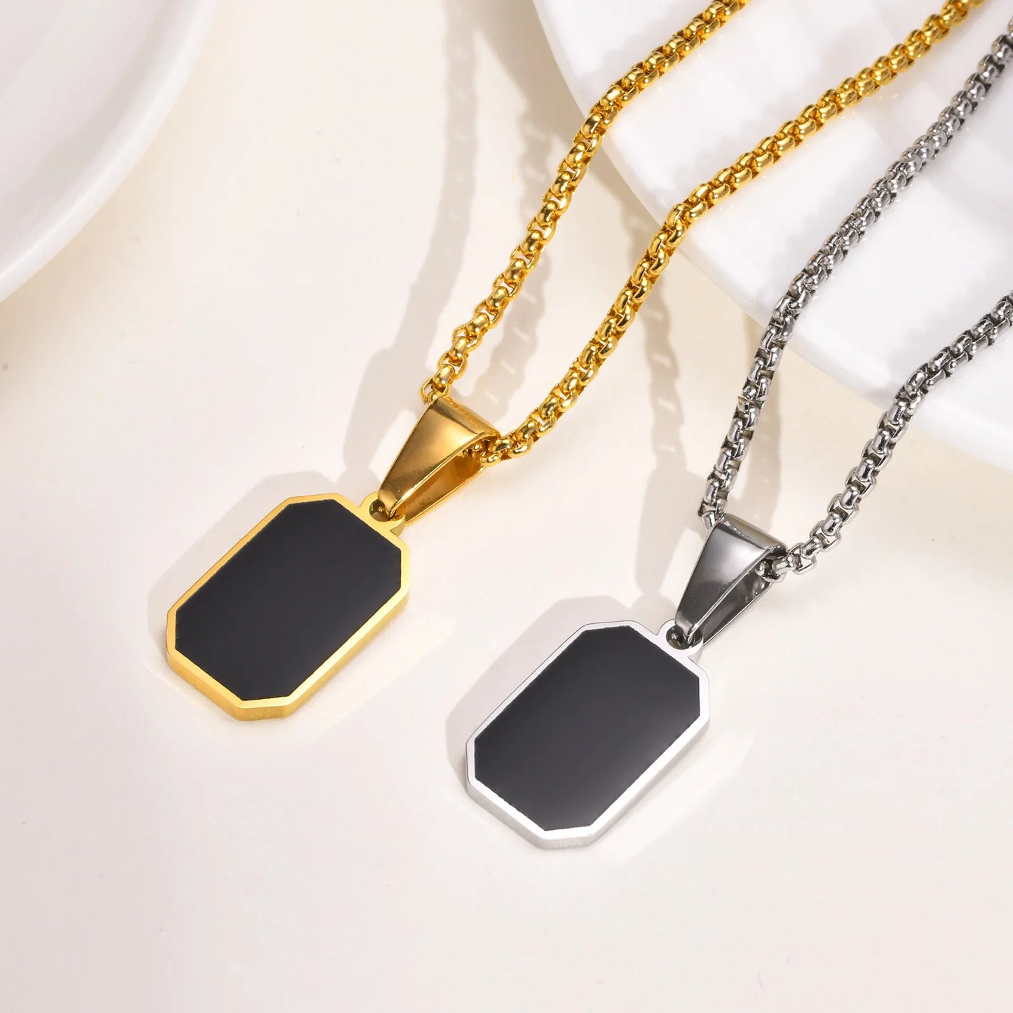 Stylish Gold Color Mens Geometric Square Necklaces,Black Enamel Rectangle Pendant with Rope Box Chain Collar Gift Jewelry