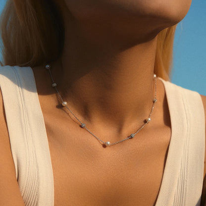 925 Sterling Silver Zirconia Beads & Pearl Chain Necklace