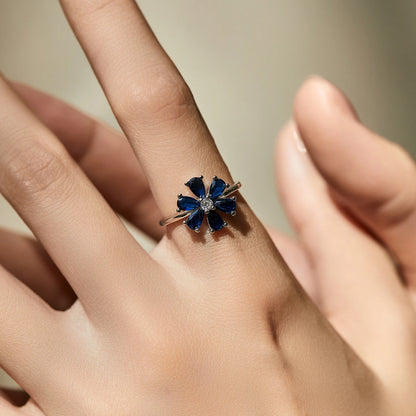 925 Sterling Silver Royal Blue Flower Ring