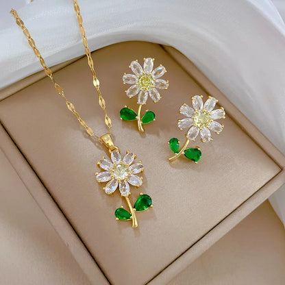 Green Leaf Flower Necklace and Earrings Set