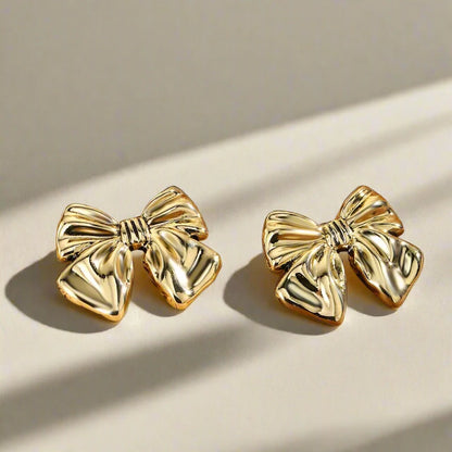 Stainless Steel Metal Ribbon Bow Stud Earrings