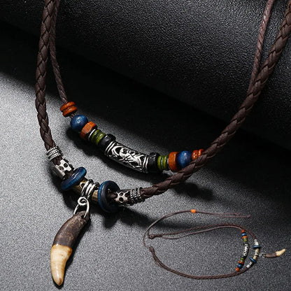 Fashion Men Women's Goth Multi-layer Vintage Wolf Tooth Pendant Leather Beaded Weaved Prayer Necklace Fashion Jewelry Necklaces