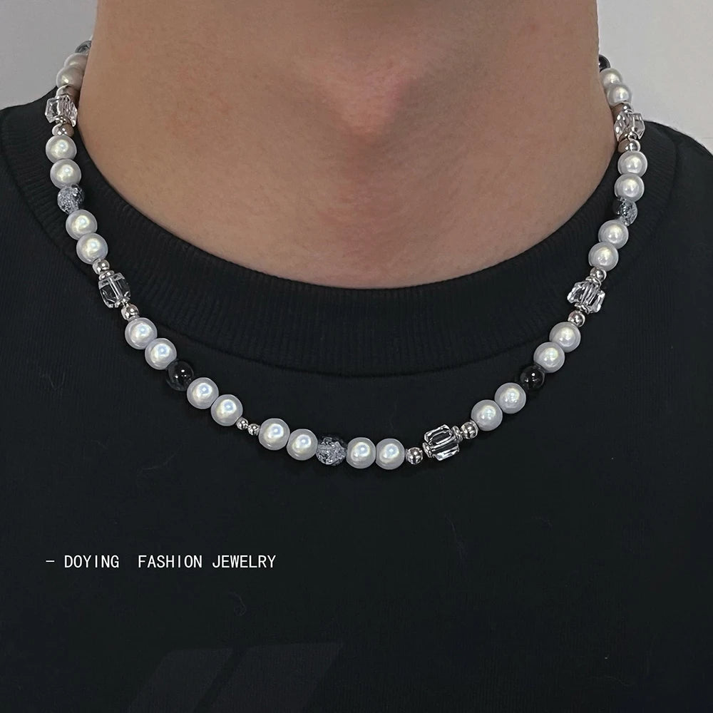 Hip hop Original Design Reflective Pearl Necklace Man Ice Cracked Stone Beaded Stainless Steel Men's Necklace Aesthetic Jewelry