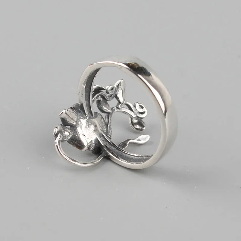 925 Sterling Silver Branches Rose Flowers Ring Adjustable