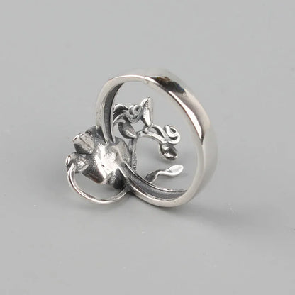 925 Sterling Silver Branches Rose Flowers Ring Adjustable