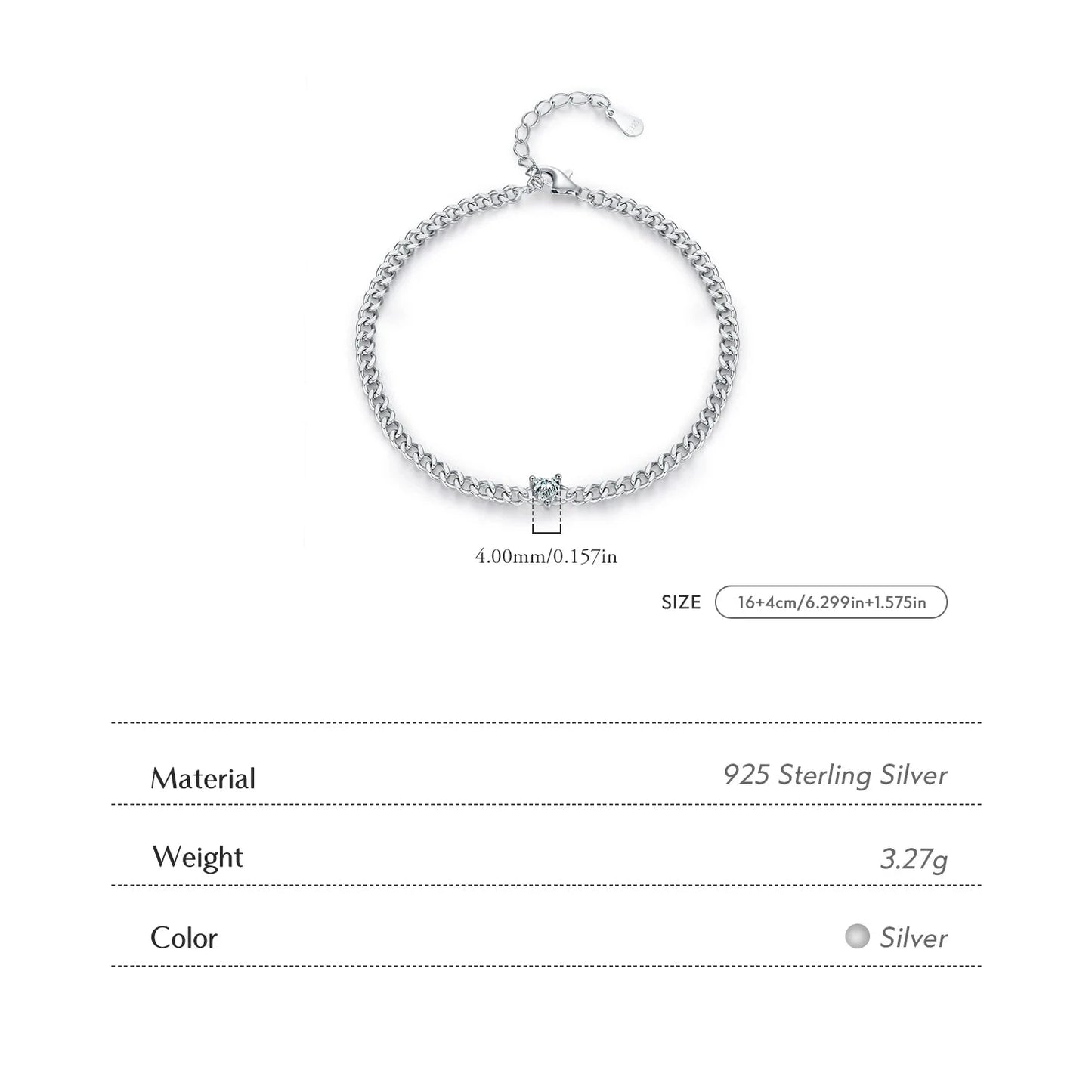 925 Sterling Silver Heart Clear CZ Chain Bracelet