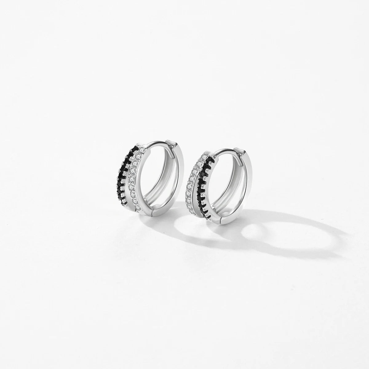 925 Sterling Silver Line Simple Black & White Zirconia Hoop Earrings