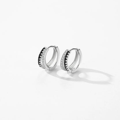 925 Sterling Silver Line Simple Black & White Zirconia Hoop Earrings