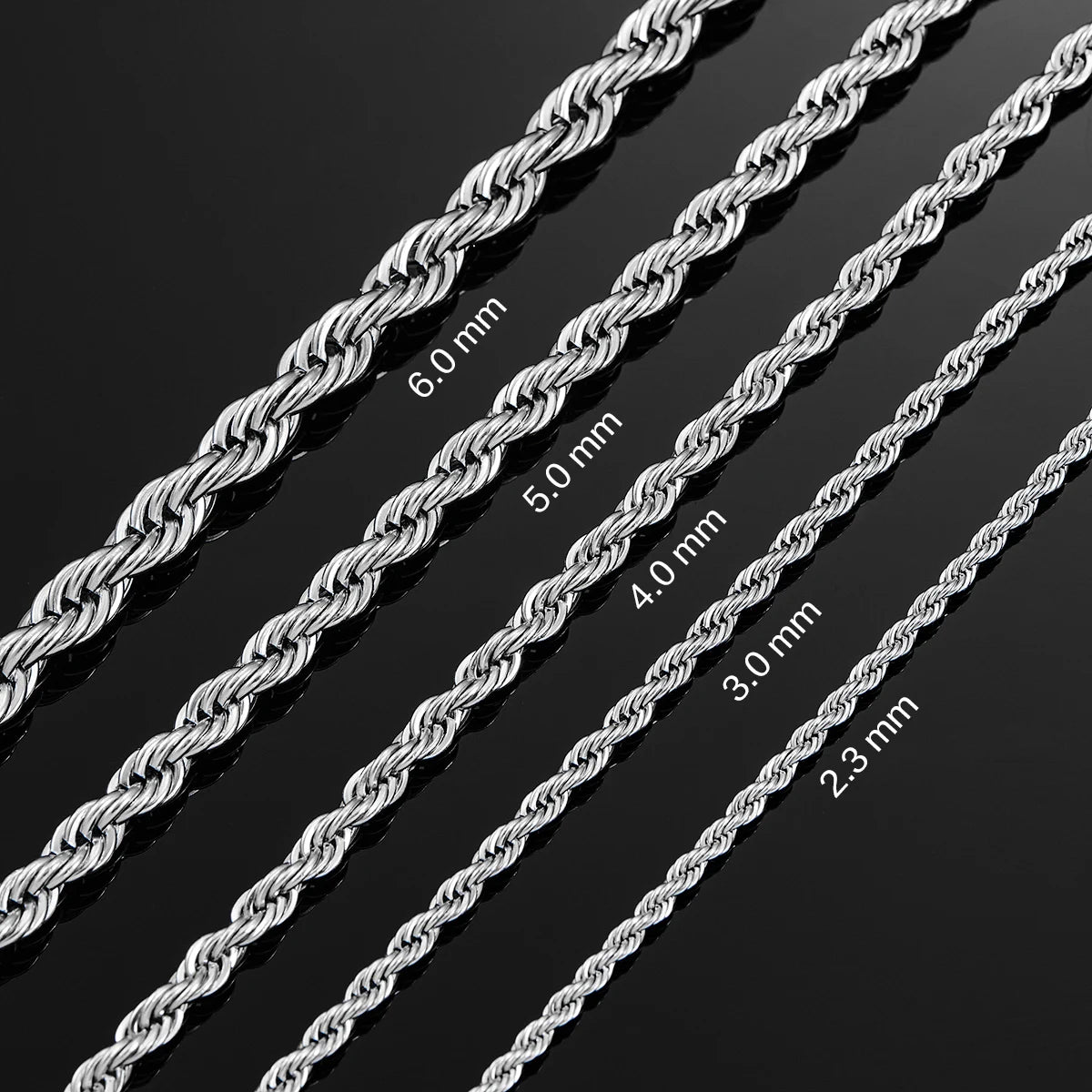 2.3-6mm Stainless Steel Twisted Rope Chain 16 to 30 Inches