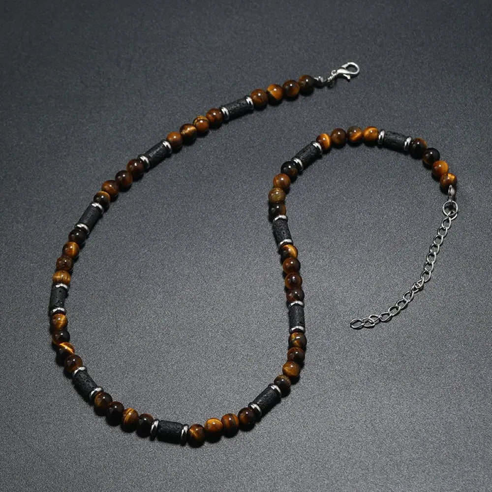 New Men's Tiger Stone Natural Stone Necklace Wave Sami Fashion Trend Design Niche Stitching Beaded Pearl Simple Charm Necklace