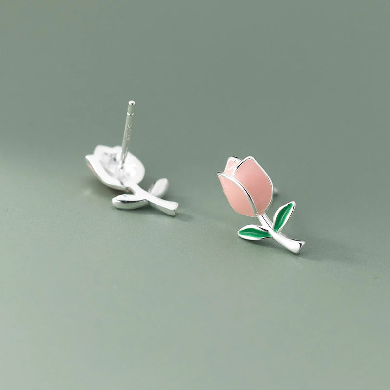 925 Sterling Silver Elegant Pink Enamel Flowers Stud Earrings