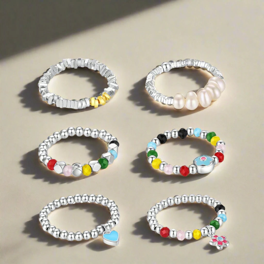 925 Sterling Silver Rainbow Beads Expandable Rings