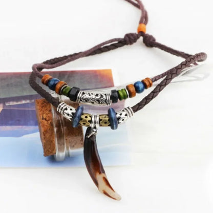 Fashion Men Women's Goth Multi-layer Vintage Wolf Tooth Pendant Leather Beaded Weaved Prayer Necklace Fashion Jewelry Necklaces