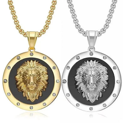 Fashion Domineering Lion Head Round Medal Pendant Necklace Inlaid Zircon Men's Hip Hop Trend Party Jewelry