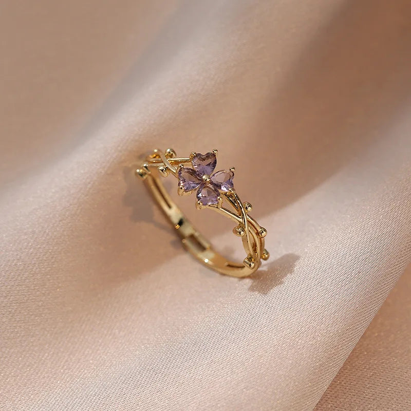 Purple Four Leaf CZ Flower Adjustable Rings