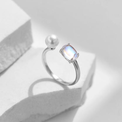 925 Sterling Silver Moonstone, Pearl Adjustable Ring