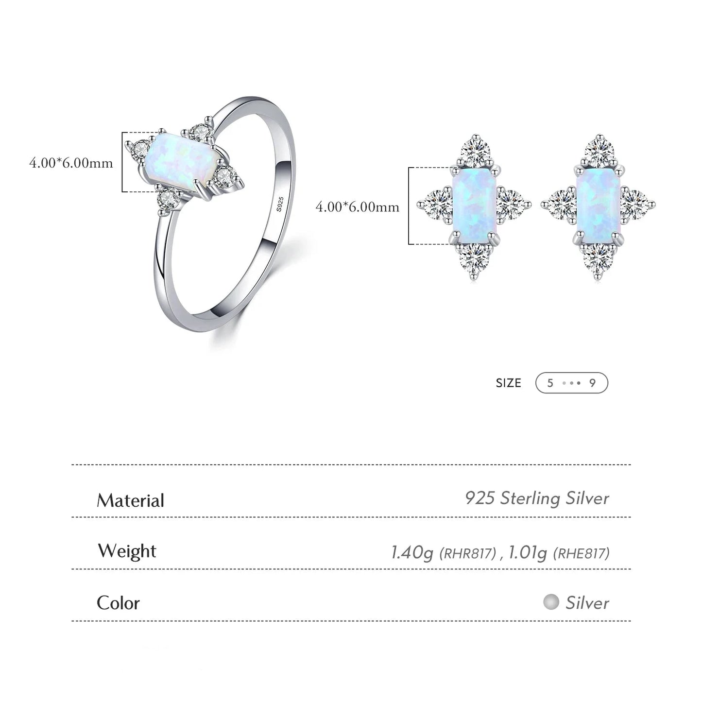 925 Sterling Silver Rectangle Imitation Opal Rings & Stud Earrings Set