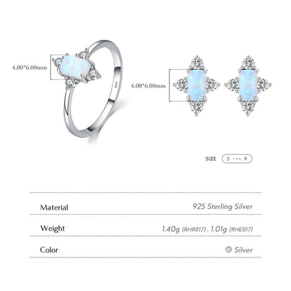 925 Sterling Silver Rectangle Imitation Opal Rings & Stud Earrings Set