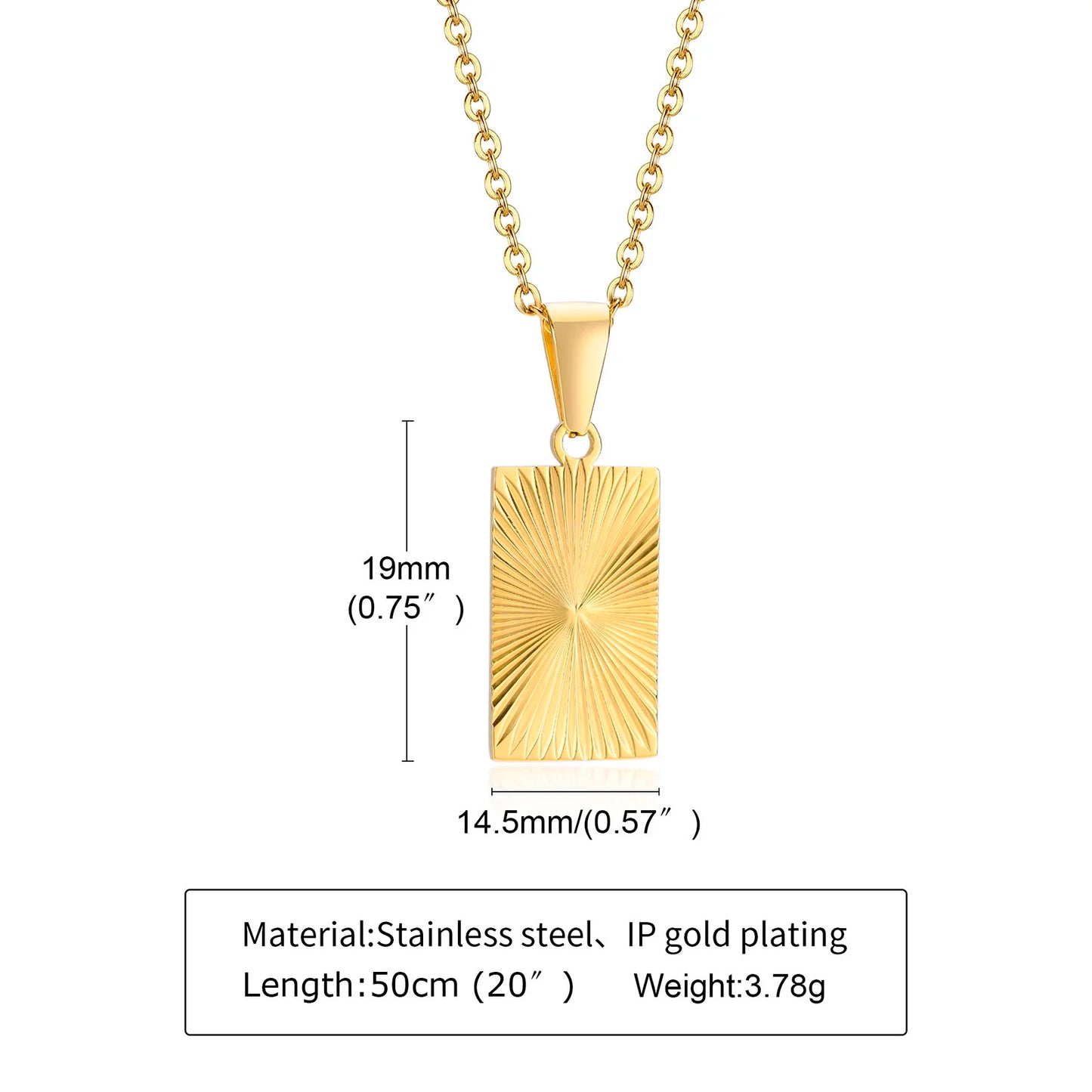 Men Necklace Gold Plated,Embossing Radiation Rectangle Pendant, Stainless Steel Sunburst Charm Necklaces Jewelry