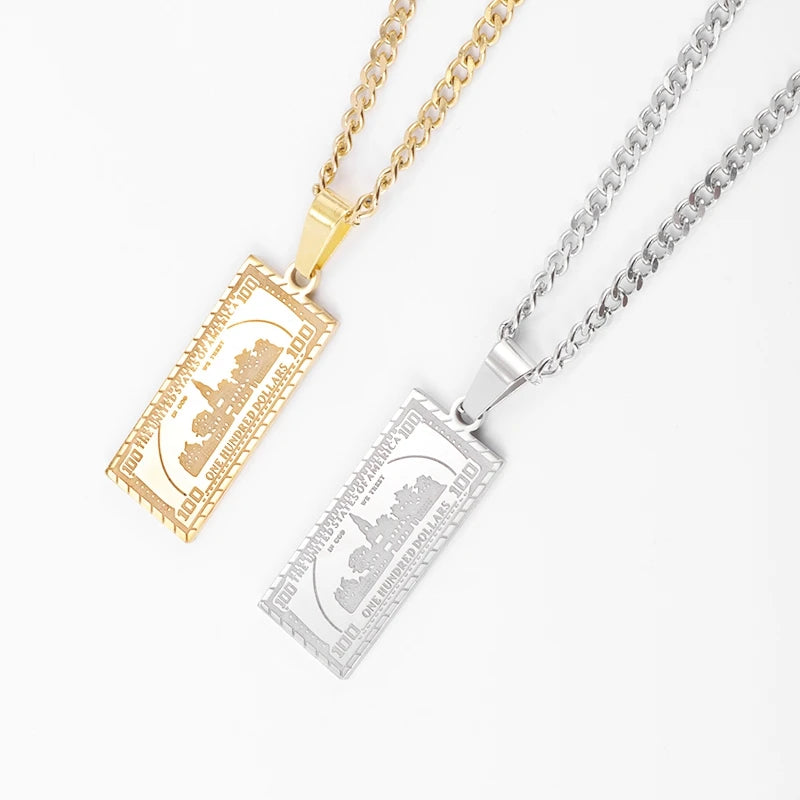 Stainless Steel 100 Dollar Bill Pendant Necklace for Men Women Fashion Lucky Wealth Jewelry Exquisite Gift