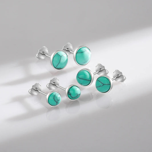 925 Sterling Silver Green Round Turquoise 4MM 5MM 6MM Stud Earrings