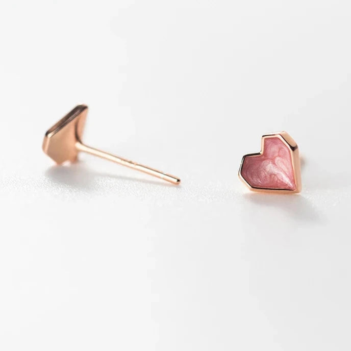 Pink Enamel Hearts Rose Gold, 925 Sterling Silver Stud Earrings