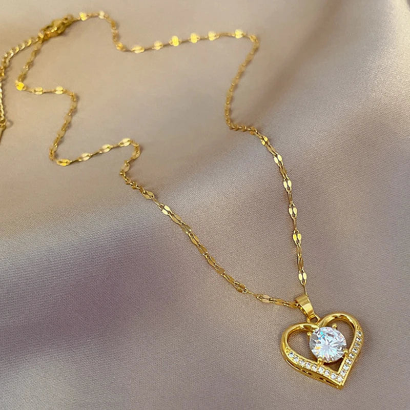 Gold Or Silver Stainless Steel Gem Heart Pendant Necklace