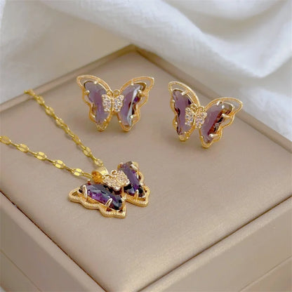 Stainless Butterfly Earrings & Pendant Necklace Set (6 Colors)