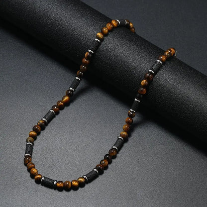 New Men's Tiger Stone Natural Stone Necklace Wave Sami Fashion Trend Design Niche Stitching Beaded Pearl Simple Charm Necklace