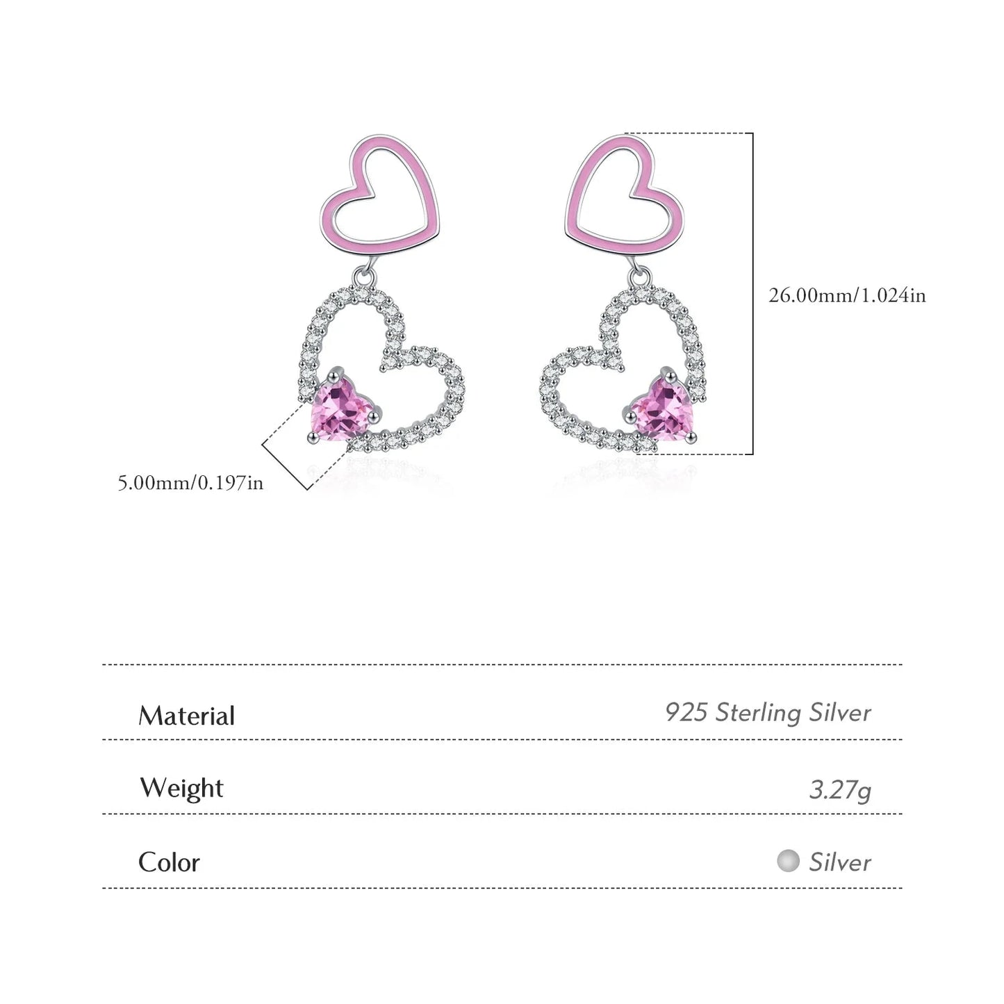 925 Sterling Silver Fashion Pink CZ Double Heart Earrings