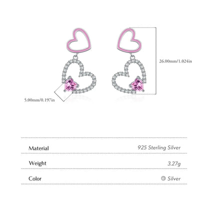 925 Sterling Silver Fashion Pink CZ Double Heart Earrings