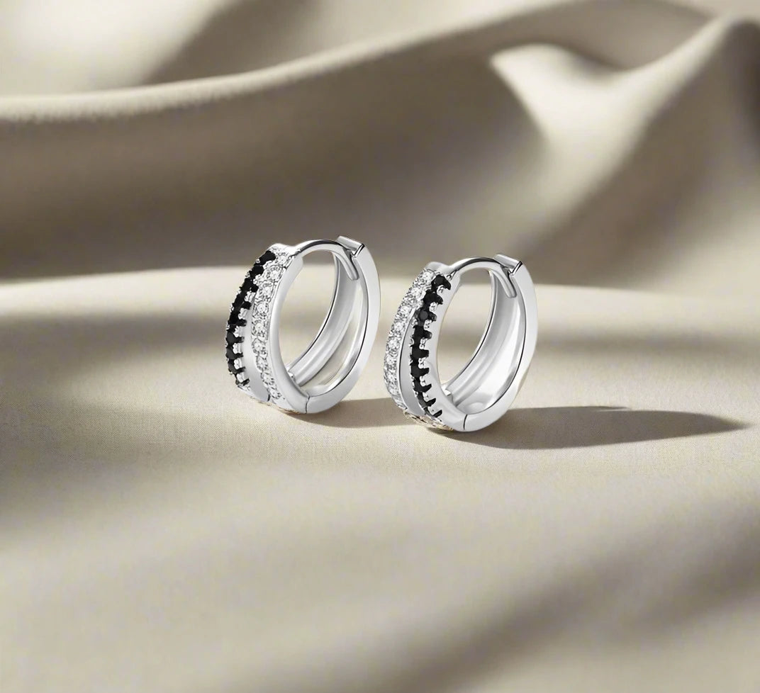 925 Sterling Silver Line Simple Black & White Zirconia Hoop Earrings