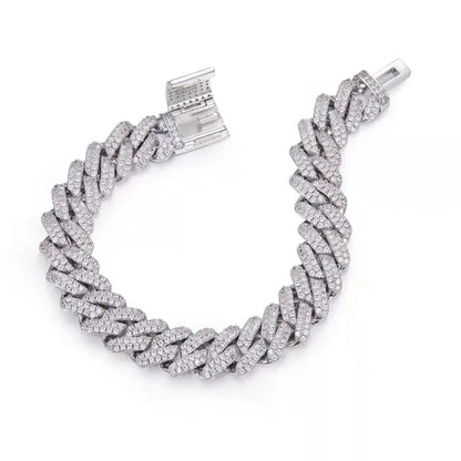 12mm Moissanite Cuban Link Chain Bracelet 925 Sterling Silver Silver