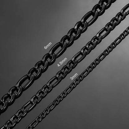 Stainless Steel 3-6mm Black Figaro Chain 16 to 40 Inches