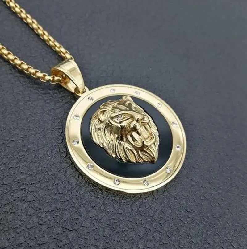 Fashion Domineering Lion Head Round Medal Pendant Necklace Inlaid Zircon Men's Hip Hop Trend Party Jewelry