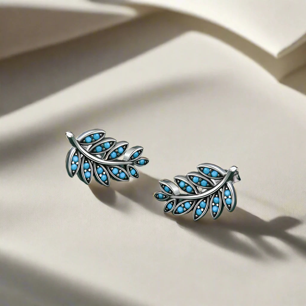 925 Sterling Silver Leaf Natural Turquoise Stud Earrings