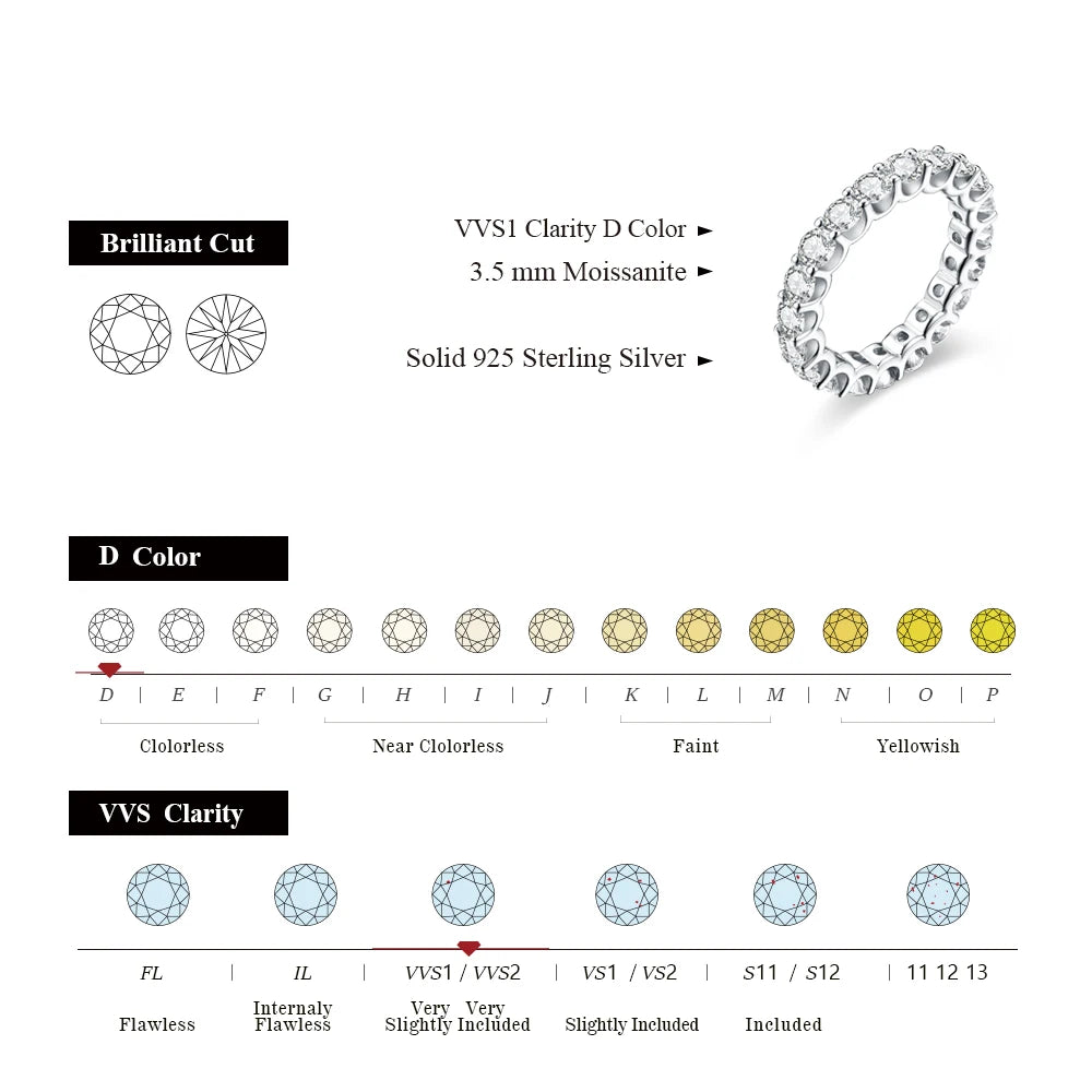 3.5mm Moissanite D Color VVS1 Etenity 925 Sterling Silver (3 Colors)